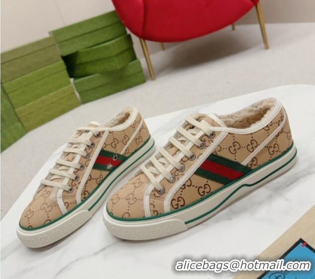 Good Looking Gucci Tennis 1977 Low-top Sneakers in GG Canvas and Teddy Fur GG08311 Beige