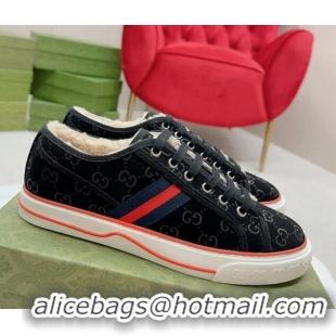 Low Cost Gucci Tennis 1977 Low-top Sneakers in GG Canvas and Teddy Fur Black 831077