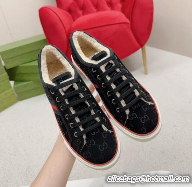 Low Cost Gucci Tennis 1977 Low-top Sneakers in GG Canvas and Teddy Fur Black 831077