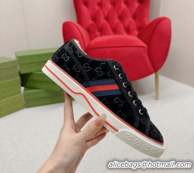 Low Cost Gucci Tennis 1977 Low-top Sneakers in GG Canvas and Teddy Fur Black 831077