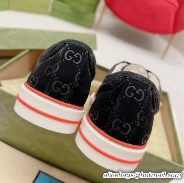 Low Cost Gucci Tennis 1977 Low-top Sneakers in GG Canvas and Teddy Fur Black 831077