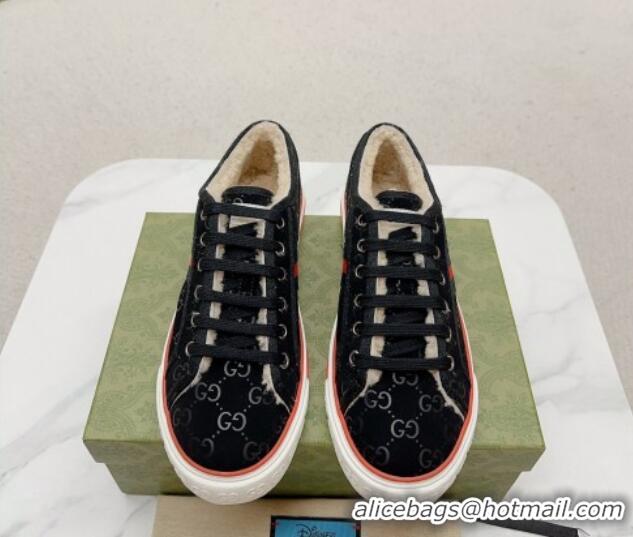 Low Cost Gucci Tennis 1977 Low-top Sneakers in GG Canvas and Teddy Fur Black 831077