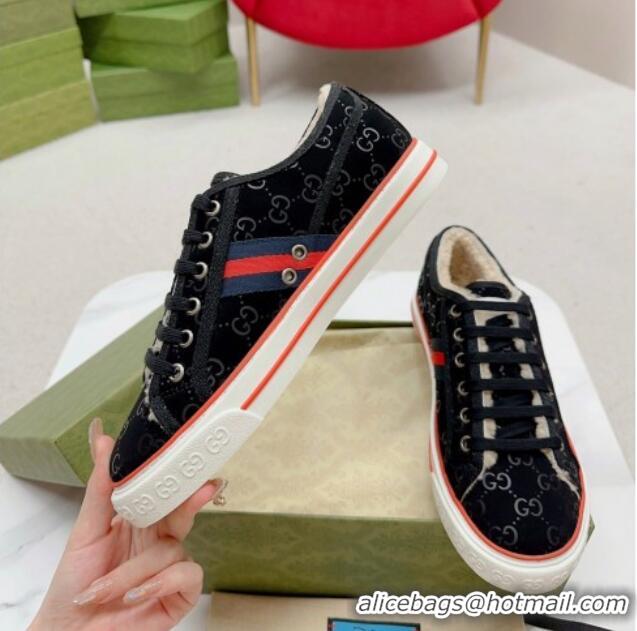 Low Cost Gucci Tennis 1977 Low-top Sneakers in GG Canvas and Teddy Fur Black 831077