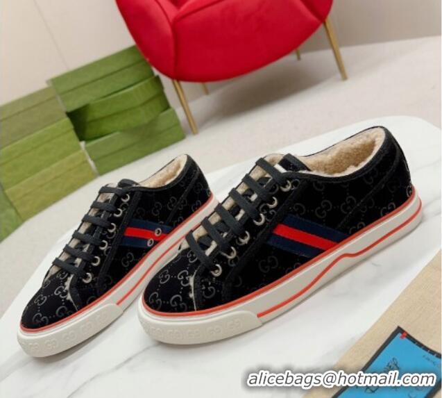 Low Cost Gucci Tennis 1977 Low-top Sneakers in GG Canvas and Teddy Fur Black 831077