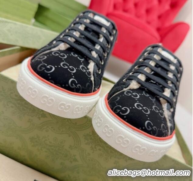 Low Cost Gucci Tennis 1977 Low-top Sneakers in GG Canvas and Teddy Fur Black 831077