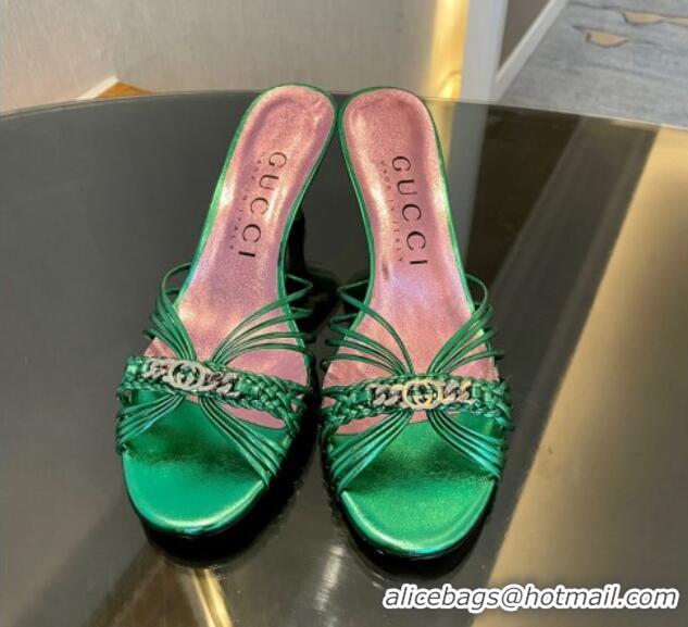 Top Design Gucci Heeled Metallic Leather Slide Sandals 6.5cm Green 901061