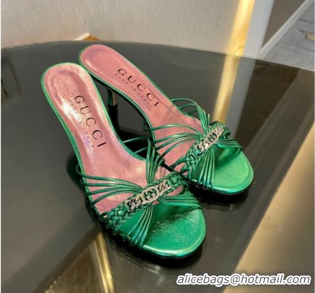 Top Design Gucci Heeled Metallic Leather Slide Sandals 6.5cm Green 901061