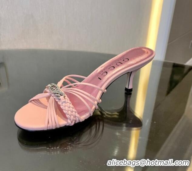 Low Price Gucci Heeled Calfskin Leather Slide Sandals 6.5cm Nude Pink 901063