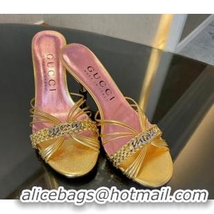 Charming Gucci Heeled Metallic Leather Slide Sandals 6.5cm Gold 901066