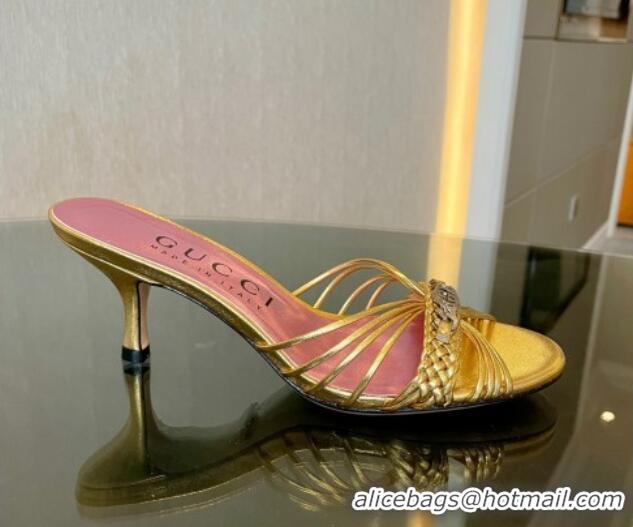 Charming Gucci Heeled Metallic Leather Slide Sandals 6.5cm Gold 901066