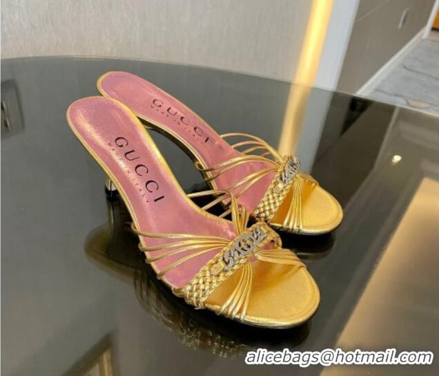 Charming Gucci Heeled Metallic Leather Slide Sandals 6.5cm Gold 901066