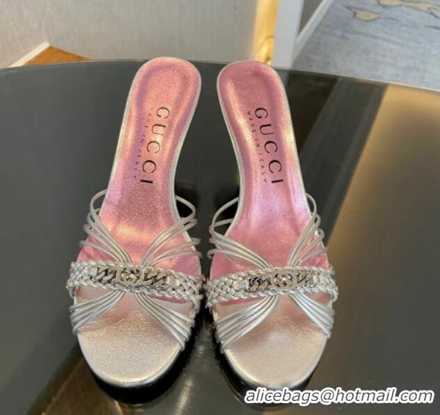 Shop Duplicate Gucci Heeled Metallic Leather Slide Sandals 6.5cm Silver 901067