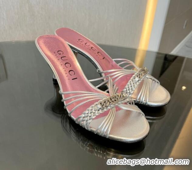 Shop Duplicate Gucci Heeled Metallic Leather Slide Sandals 6.5cm Silver 901067