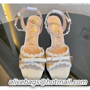 Big Discount Gucci GG Raffia Straw Heeled Sandals 8cm with Bow and Wave Trim White 901069