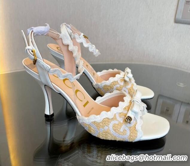 Big Discount Gucci GG Raffia Straw Heeled Sandals 8cm with Bow and Wave Trim White 901069