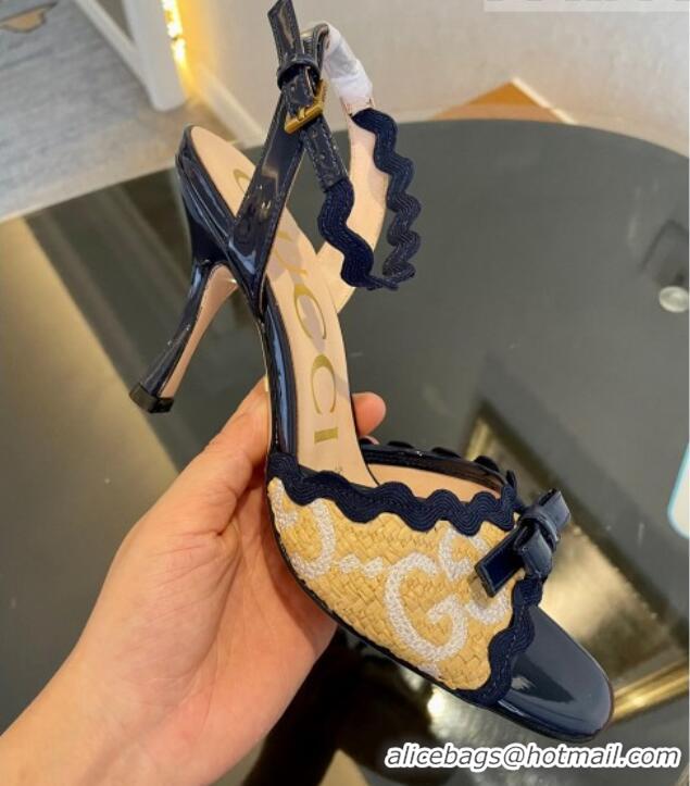 Buy Fashionable Gucci GG Raffia Straw Heeled Sandals 8cm with Bow and Wave Trim Navy Blue 901070