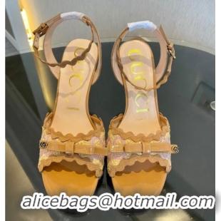 Best Price Gucci GG Raffia Straw Heeled Sandals 8cm with Bow and Wave Trim Light Brown 901071