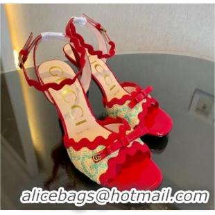 Good Quality Gucci GG Raffia Straw Heeled Sandals 8cm with Bow and Wave Trim Red/Green 901073