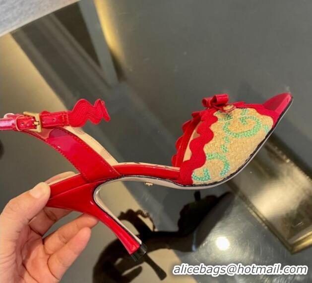 Good Quality Gucci GG Raffia Straw Heeled Sandals 8cm with Bow and Wave Trim Red/Green 901073