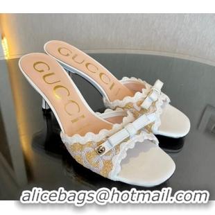 Stylish Gucci GG Raffia Straw Heeled Slide Sandals 6cm with Bow and Wave Trim White 901075