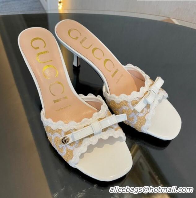 Stylish Gucci GG Raffia Straw Heeled Slide Sandals 6cm with Bow and Wave Trim White 901075