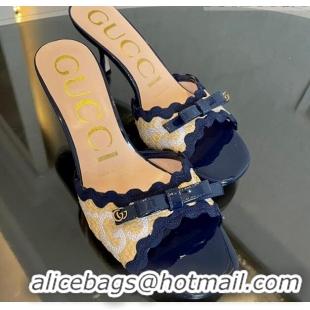 Sophisticated Gucci GG Raffia Straw Heeled Slide Sandals 6cm with Bow and Wave Trim Navy Blue 901076