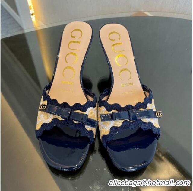 Sophisticated Gucci GG Raffia Straw Heeled Slide Sandals 6cm with Bow and Wave Trim Navy Blue 901076