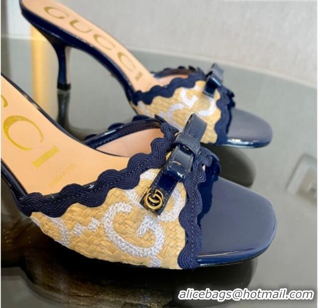 Sophisticated Gucci GG Raffia Straw Heeled Slide Sandals 6cm with Bow and Wave Trim Navy Blue 901076