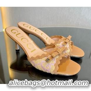 Luxurious Gucci GG Raffia Straw Heeled Slide Sandals 6cm with Bow and Wave Trim Light Brown 901077