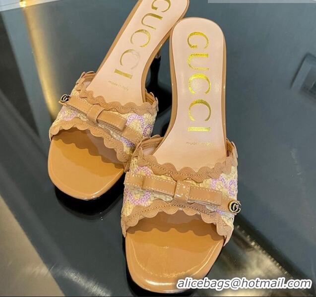 Luxurious Gucci GG Raffia Straw Heeled Slide Sandals 6cm with Bow and Wave Trim Light Brown 901077