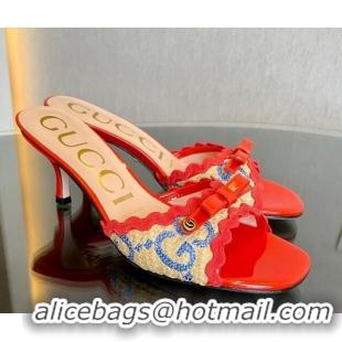 Discount Gucci GG Raffia Straw Heeled Slide Sandals 6cm with Bow and Wave Trim Red/Blue 901078