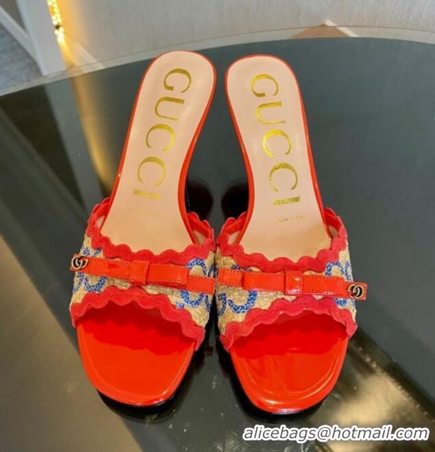 Discount Gucci GG Raffia Straw Heeled Slide Sandals 6cm with Bow and Wave Trim Red/Blue 901078