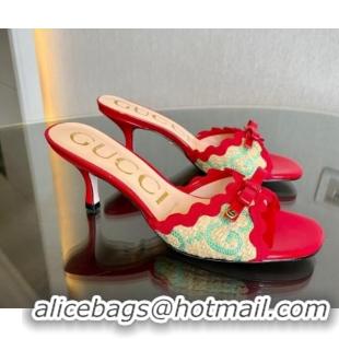 Inexpensive Gucci GG Raffia Straw Heeled Slide Sandals 6cm with Bow and Wave Trim Red/Green 901079