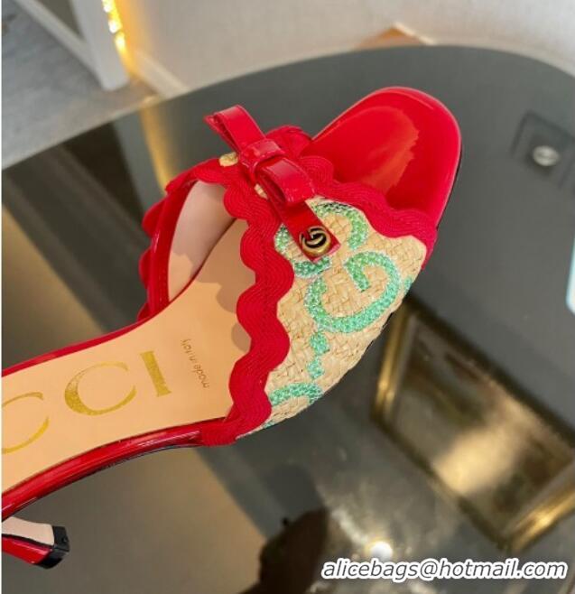 Inexpensive Gucci GG Raffia Straw Heeled Slide Sandals 6cm with Bow and Wave Trim Red/Green 901079