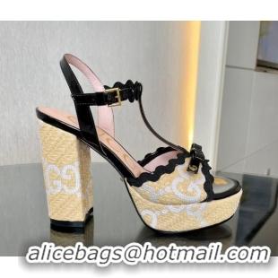 Hot Style Gucci GG Raffia Straw Platform Sandals 12cm with Bow and Wave Trim Black 901080