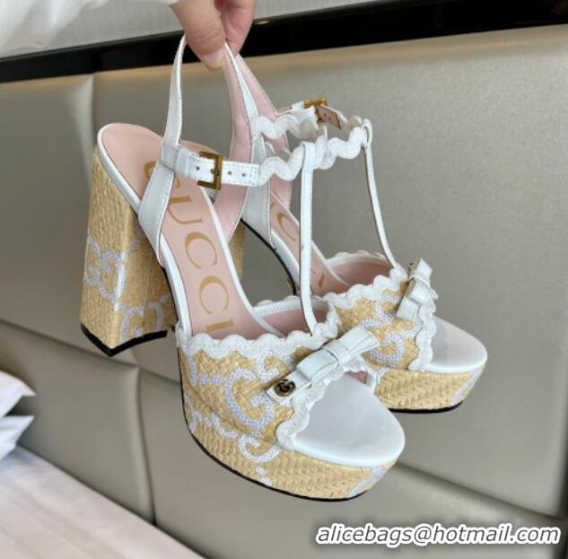 Stylish Gucci GG Raffia Straw Platform Sandals 12cm with Bow and Wave Trim White 901081