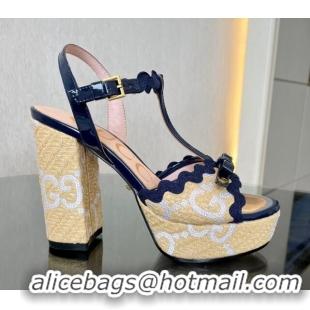 Perfect Gucci GG Raffia Straw Platform Sandals 12cm with Bow and Wave Trim Navy Blue 901082