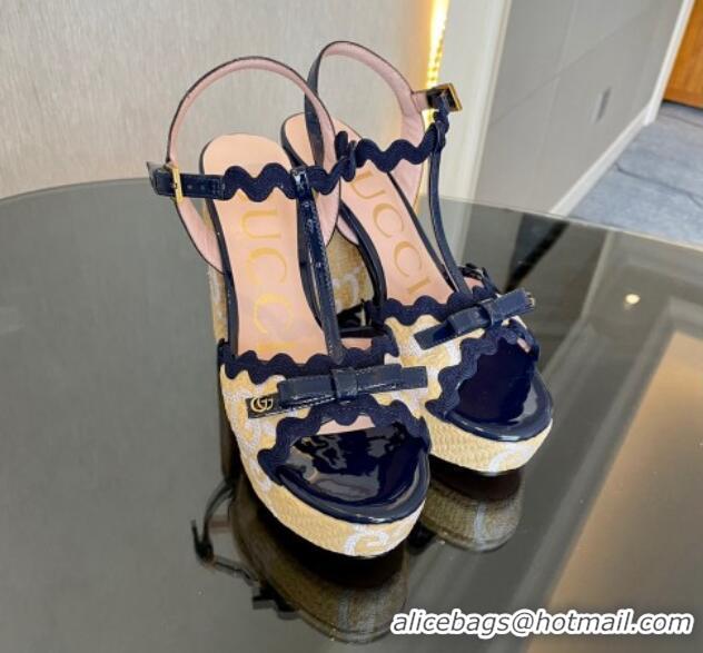 Perfect Gucci GG Raffia Straw Platform Sandals 12cm with Bow and Wave Trim Navy Blue 901082