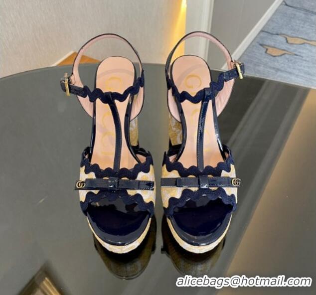 Perfect Gucci GG Raffia Straw Platform Sandals 12cm with Bow and Wave Trim Navy Blue 901082