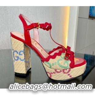 Shop Duplicate Gucci GG Raffia Straw Platform Sandals 12cm with Bow and Wave Trim Red/Green 901083