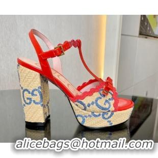 Top Design Gucci GG Raffia Straw Platform Sandals 12cm with Bow and Wave Trim Red/Blue 901085