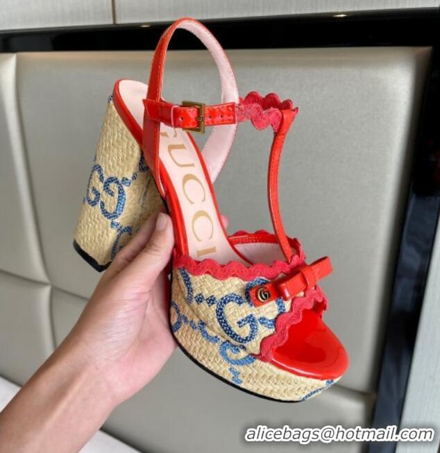 Top Design Gucci GG Raffia Straw Platform Sandals 12cm with Bow and Wave Trim Red/Blue 901085