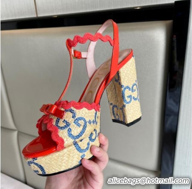 Top Design Gucci GG Raffia Straw Platform Sandals 12cm with Bow and Wave Trim Red/Blue 901085