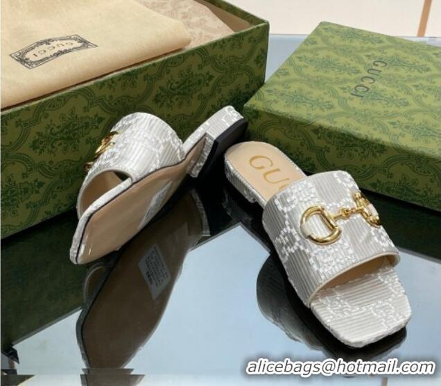 Best Product Gucci Horsebit GG Fabric Flat Slide Sandals White 901088