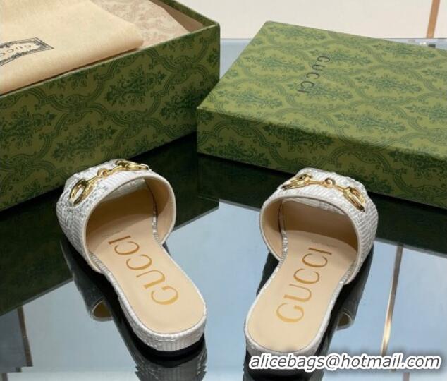 Best Product Gucci Horsebit GG Fabric Flat Slide Sandals White 901088