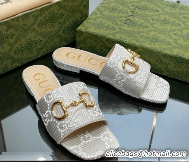 Best Product Gucci Horsebit GG Fabric Flat Slide Sandals White 901088