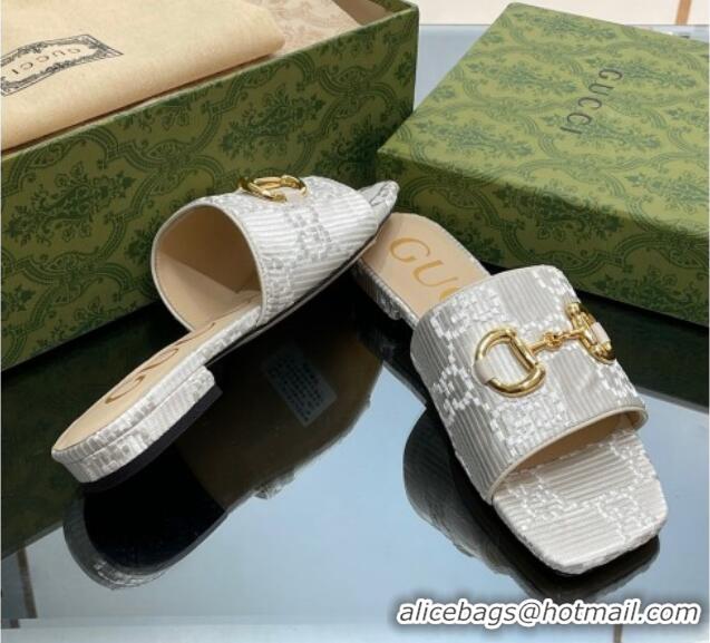 Best Product Gucci Horsebit GG Fabric Flat Slide Sandals White 901088