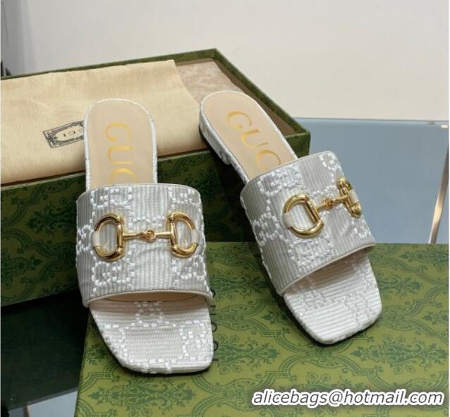 Best Product Gucci Horsebit GG Fabric Flat Slide Sandals White 901088