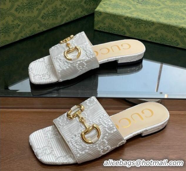 Best Product Gucci Horsebit GG Fabric Flat Slide Sandals White 901088