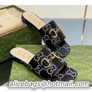 Good Quality Gucci Horsebit GG Fabric Flat Slide Sandals Black 901087